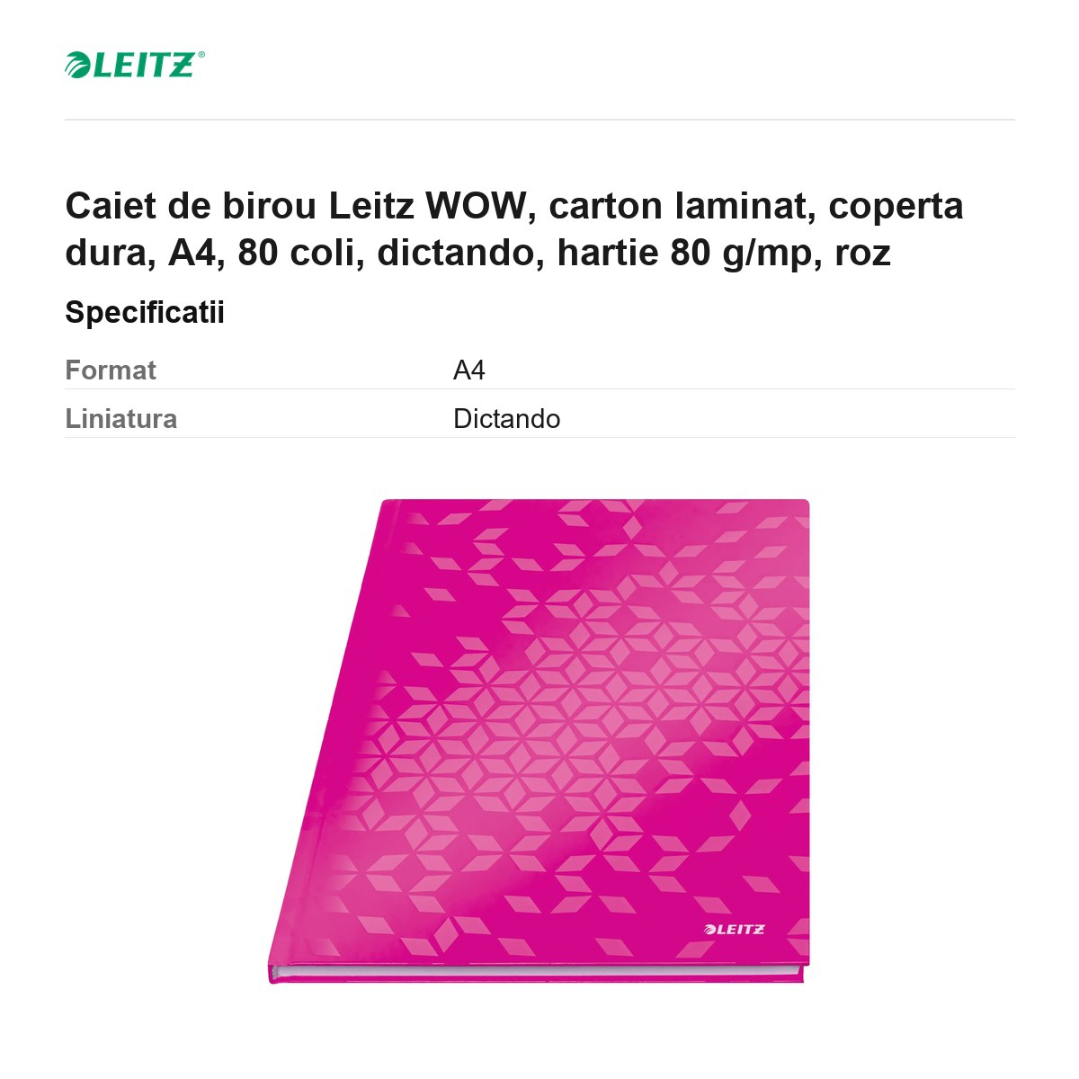 Caiet de birou Leitz WOW, carton laminat, coperta dura, A4, 80 coli, dictando, hartie 80 g/mp, roz [3]