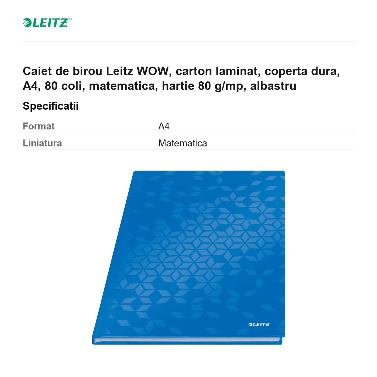 Caiet de birou Leitz WOW, carton laminat, coperta dura, A4, 80 coli, matematica, hartie 80 g/mp, albastru [3]