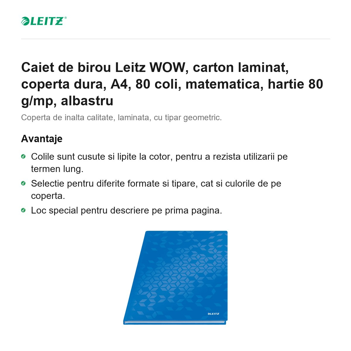 Caiet de birou Leitz WOW, carton laminat, coperta dura, A4, 80 coli, matematica, hartie 80 g/mp, albastru [2]