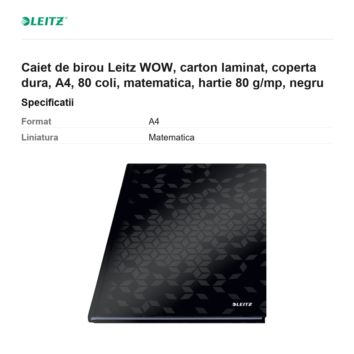 Caiet de birou Leitz WOW, carton laminat, coperta dura, A4, 80 coli, matematica, hartie 80 g/mp, negru [3]