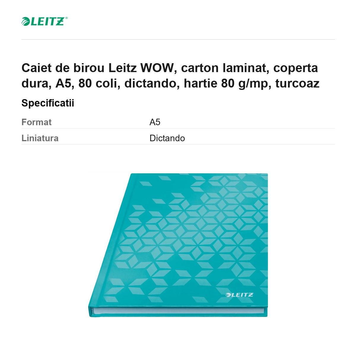 Caiet de birou Leitz WOW, carton laminat, coperta dura, A5, 80 coli, dictando, hartie 80 g/mp, turcoaz [3]