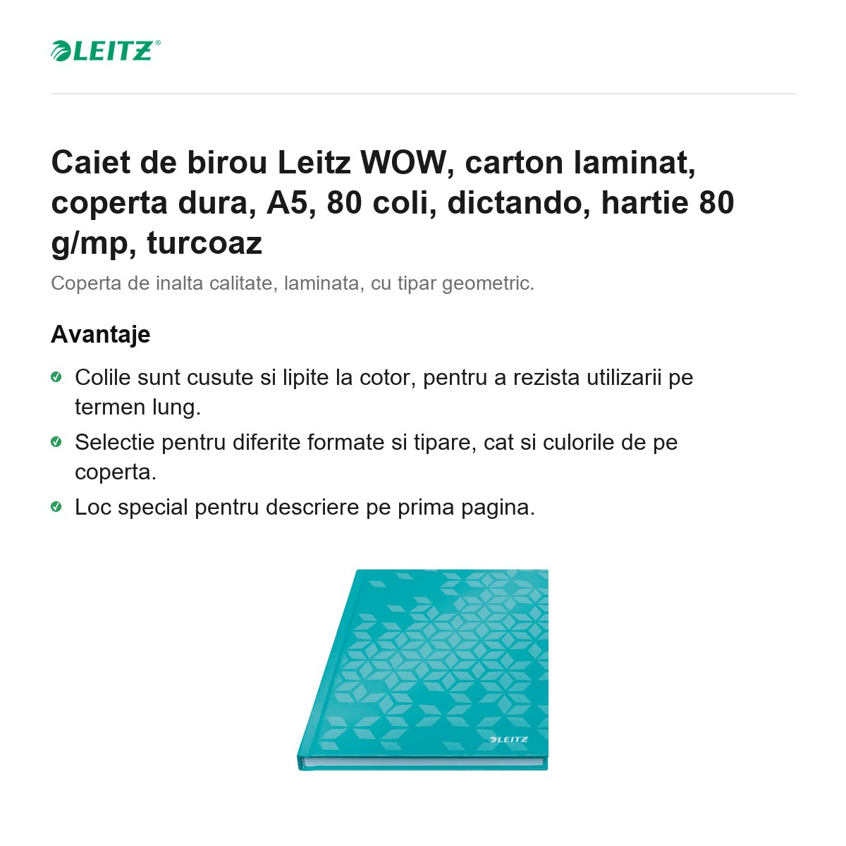 Caiet de birou Leitz WOW, carton laminat, coperta dura, A5, 80 coli, dictando, hartie 80 g/mp, turcoaz [2]