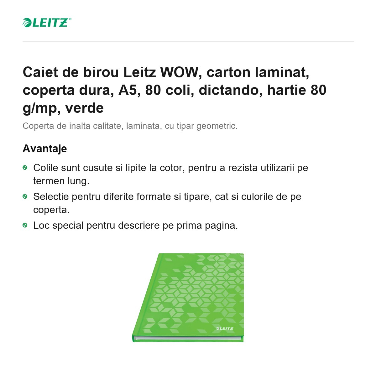 Caiet de birou Leitz WOW, carton laminat, coperta dura, A5, 80 coli, dictando, hartie 80 g/mp, verde [2]