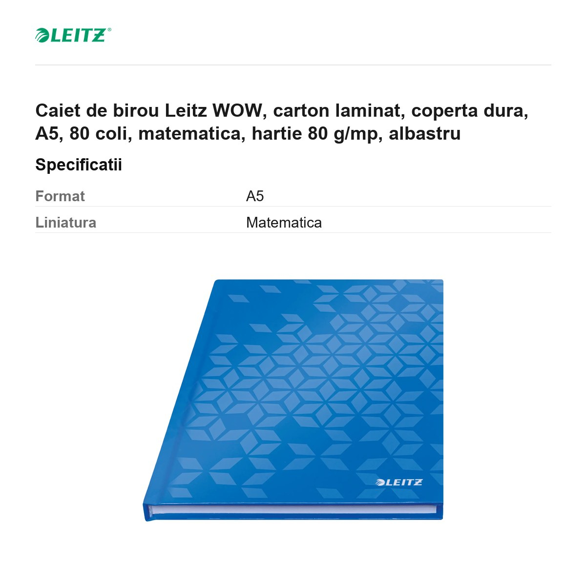 Caiet de birou Leitz WOW, carton laminat, coperta dura, A5, 80 coli, matematica, hartie 80 g/mp, albastru [3]