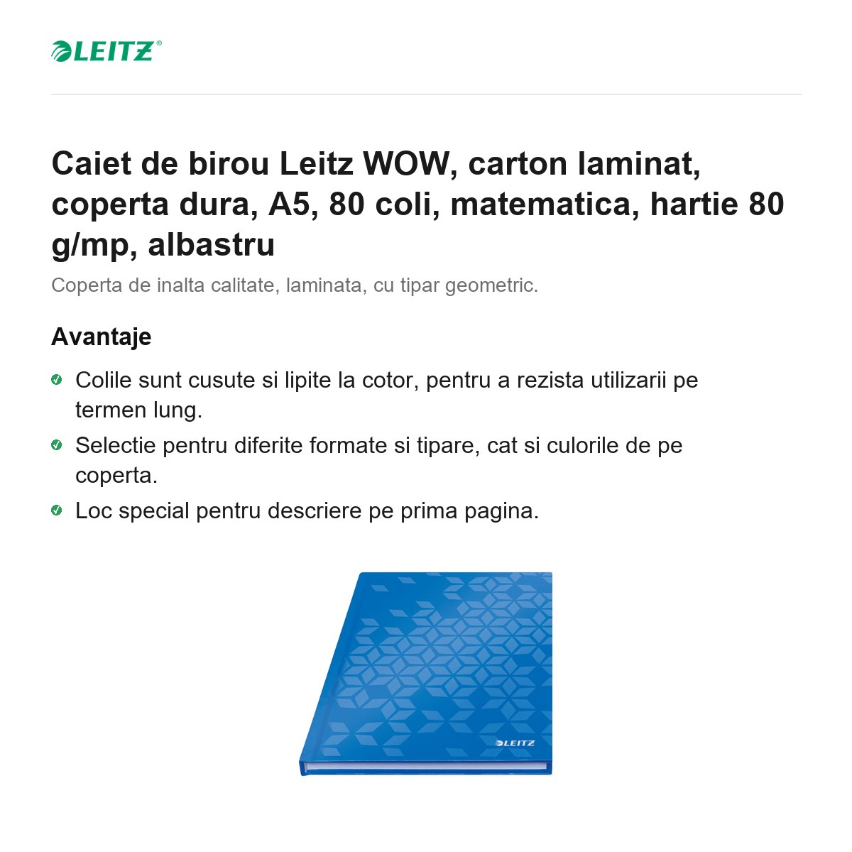 Caiet de birou Leitz WOW, carton laminat, coperta dura, A5, 80 coli, matematica, hartie 80 g/mp, albastru [2]