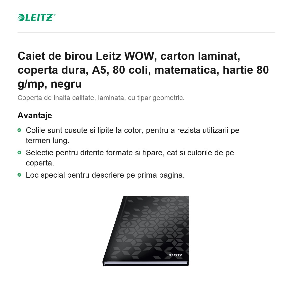 Caiet de birou Leitz WOW, carton laminat, coperta dura, A5, 80 coli, matematica, hartie 80 g/mp, negru [2]