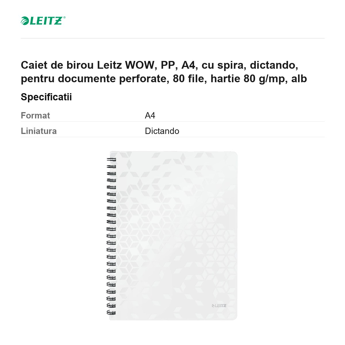 Caiet de birou Leitz WOW, PP, A4, cu spira, dictando, pentru documente perforate, 80 file, hartie 80 g/mp, alb [3]