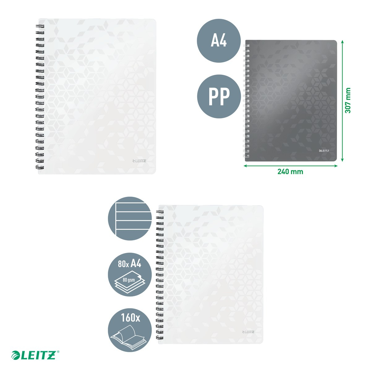 Caiet de birou Leitz WOW, PP, A4, cu spira, dictando, pentru documente perforate, 80 file, hartie 80 g/mp, alb [4]