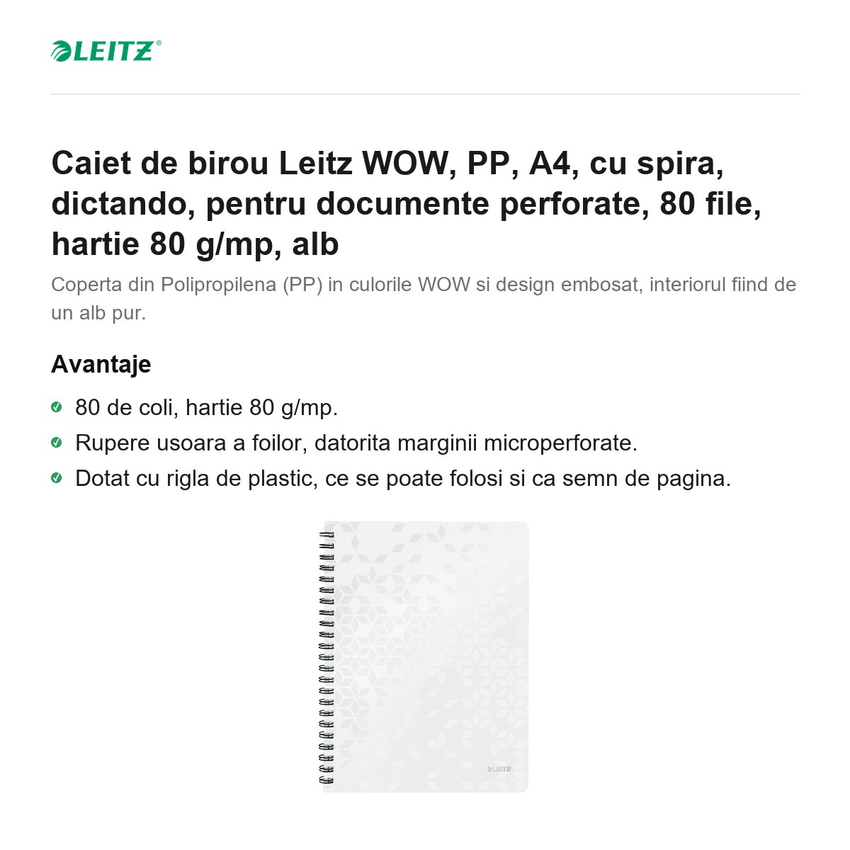 Caiet de birou Leitz WOW, PP, A4, cu spira, dictando, pentru documente perforate, 80 file, hartie 80 g/mp, alb [2]