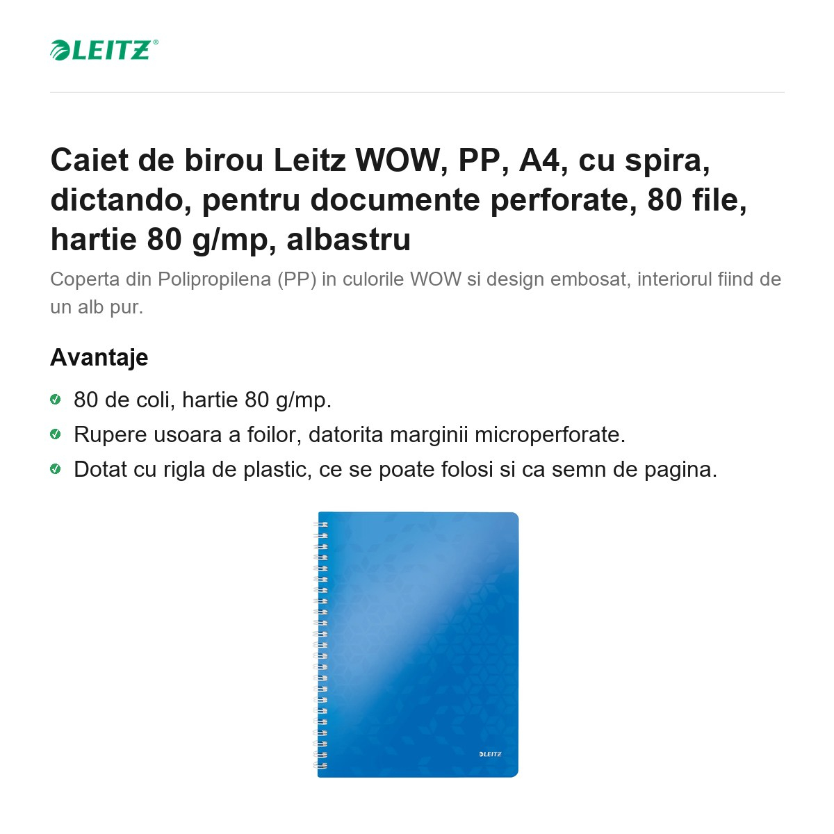 Caiet de birou Leitz WOW, PP, A4, cu spira, dictando, pentru documente perforate, 80 file, hartie 80 g/mp, albastru [2]
