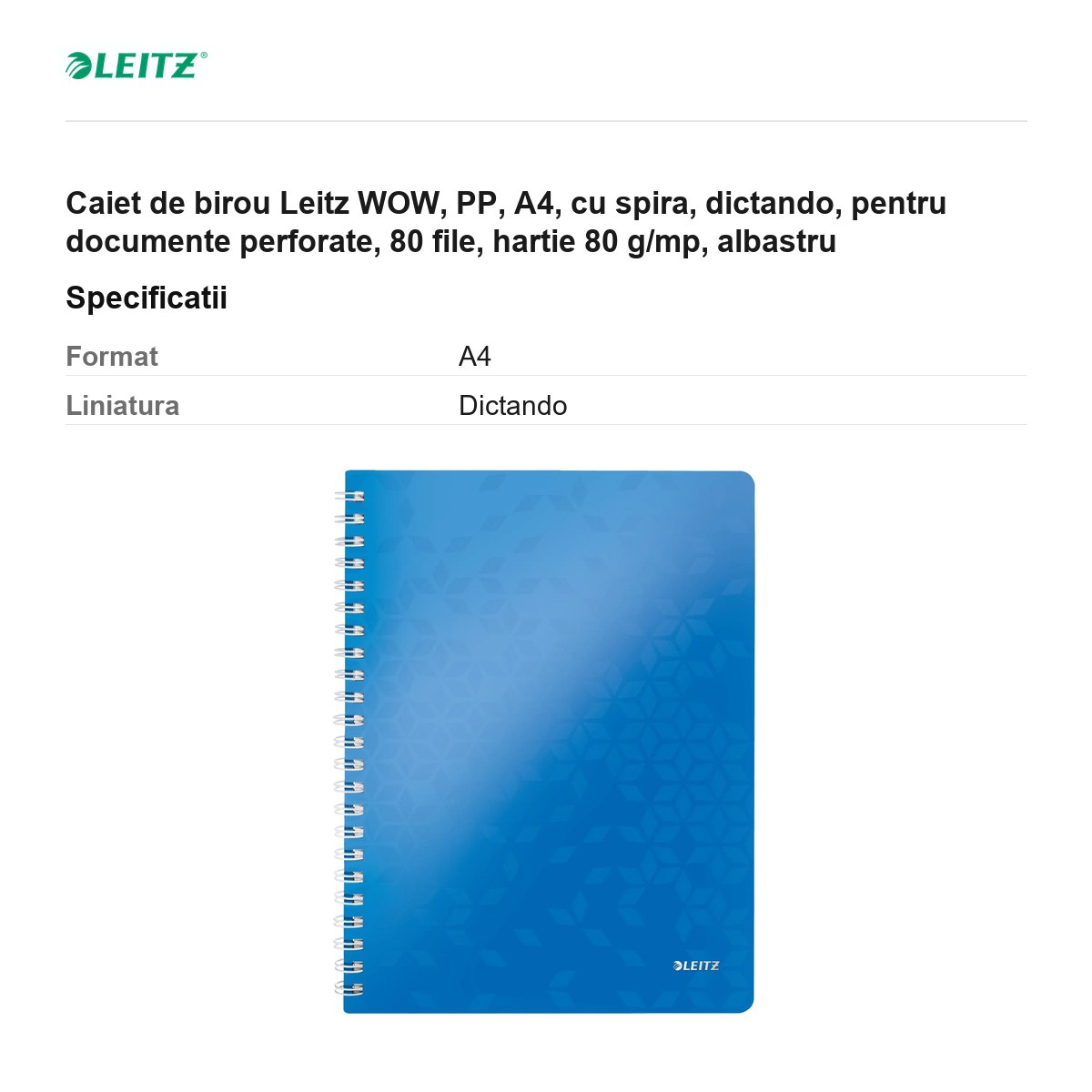 Caiet de birou Leitz WOW, PP, A4, cu spira, dictando, pentru documente perforate, 80 file, hartie 80 g/mp, albastru [3]