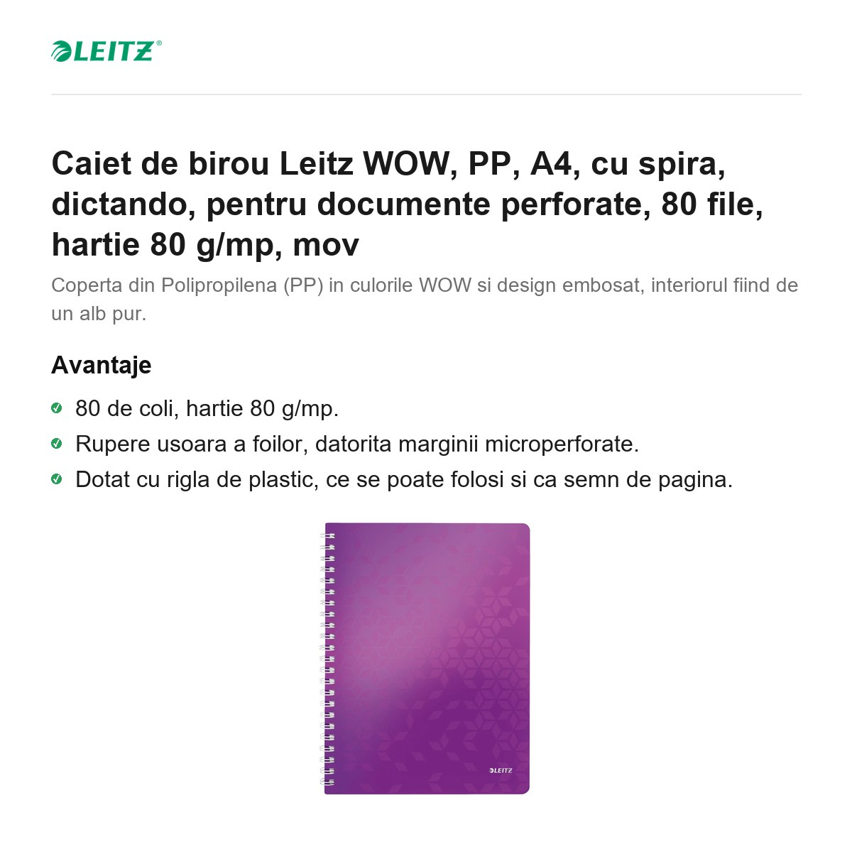 Caiet de birou Leitz WOW, PP, A4, cu spira, dictando, pentru documente perforate, 80 file, hartie 80 g/mp, mov [2]