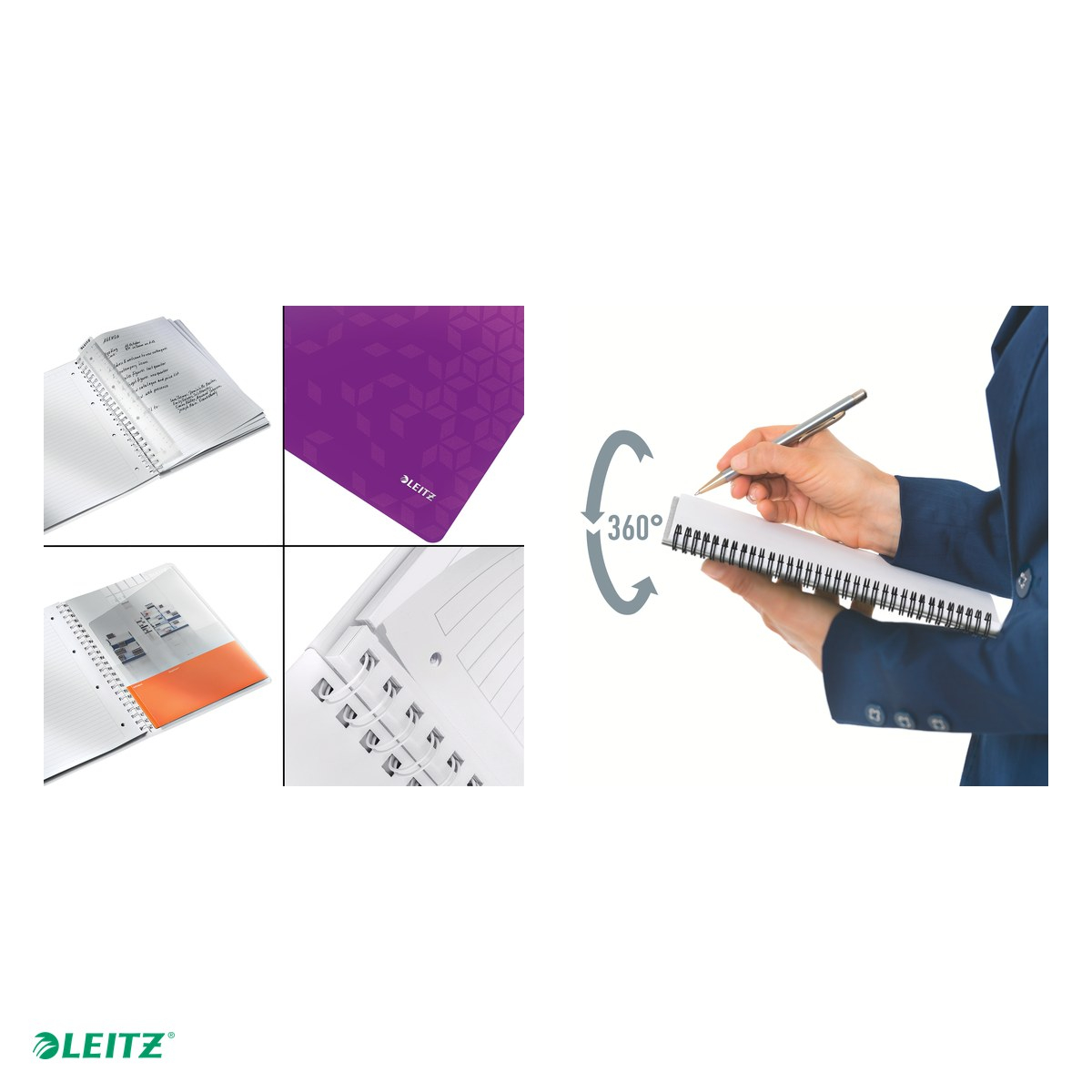 Caiet de birou Leitz WOW, PP, A4, cu spira, dictando, pentru documente perforate, 80 file, hartie 80 g/mp, mov [5]