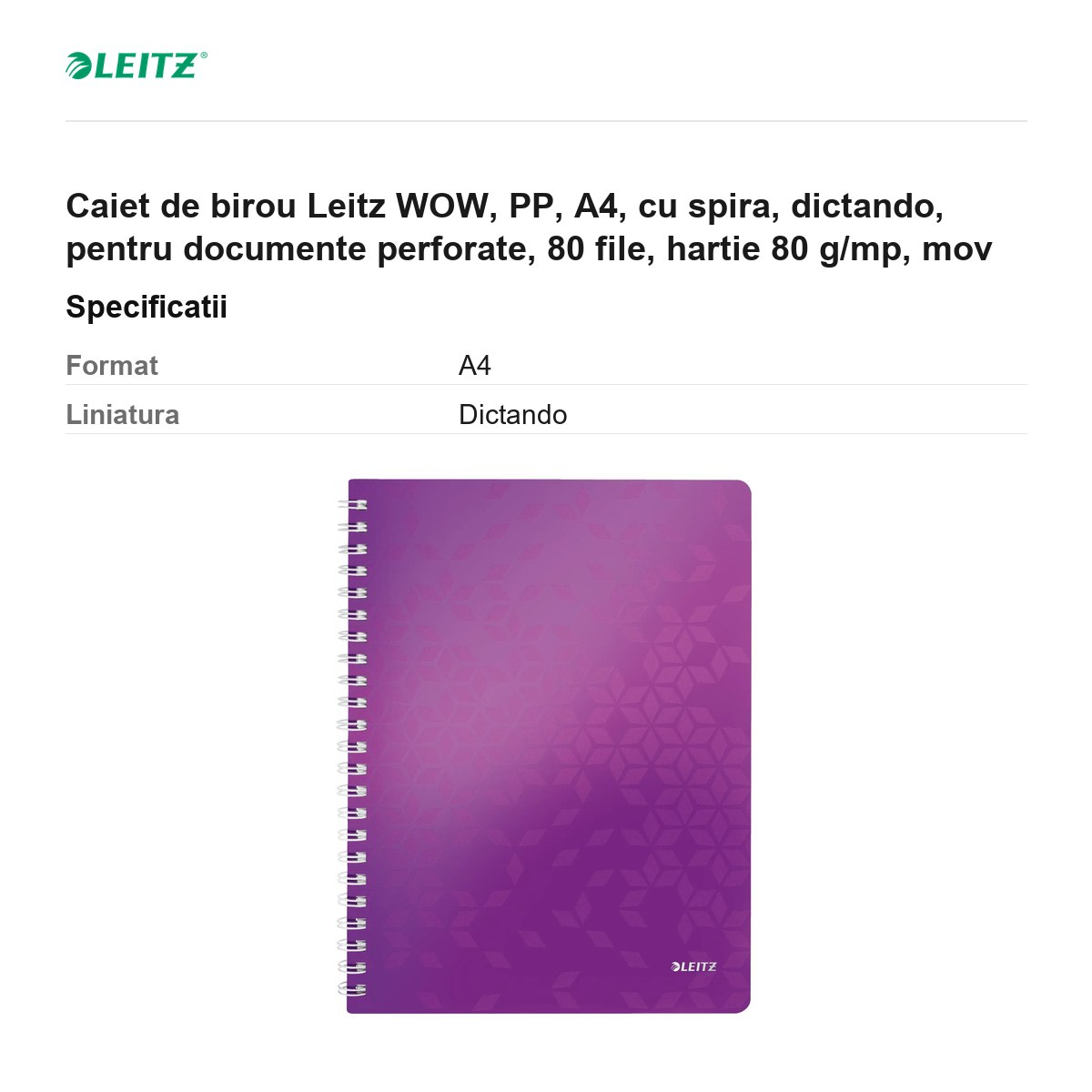 Caiet de birou Leitz WOW, PP, A4, cu spira, dictando, pentru documente perforate, 80 file, hartie 80 g/mp, mov [3]