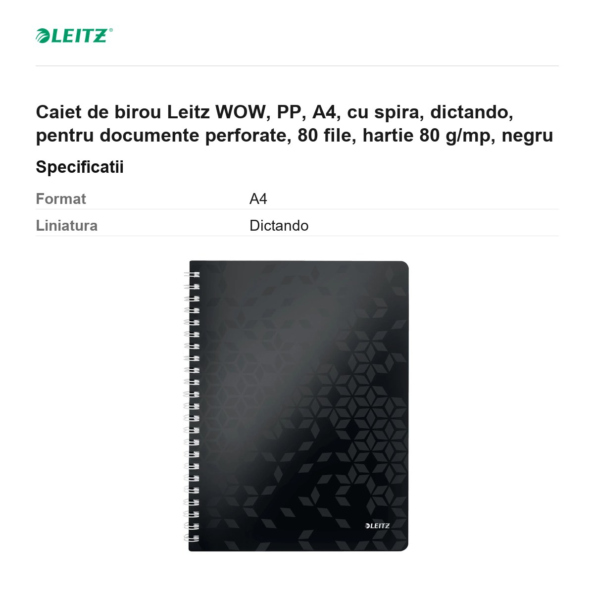 Caiet de birou Leitz WOW, PP, A4, cu spira, dictando, pentru documente perforate, 80 file, hartie 80 g/mp, negru [3]