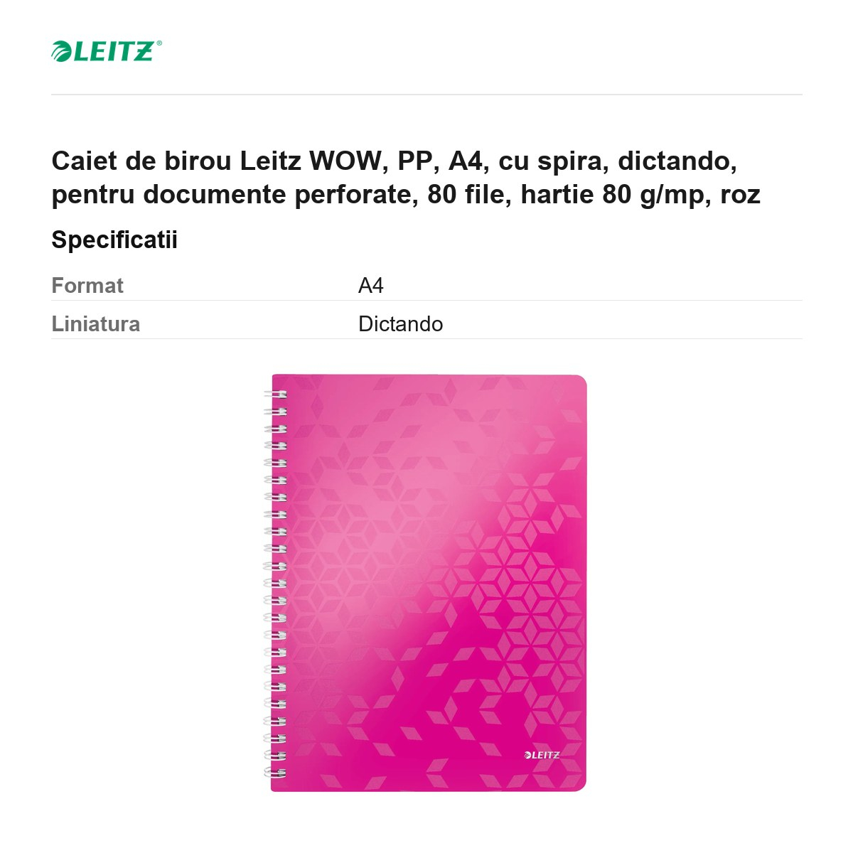 Caiet de birou Leitz WOW, PP, A4, cu spira, dictando, pentru documente perforate, 80 file, hartie 80 g/mp, roz [3]