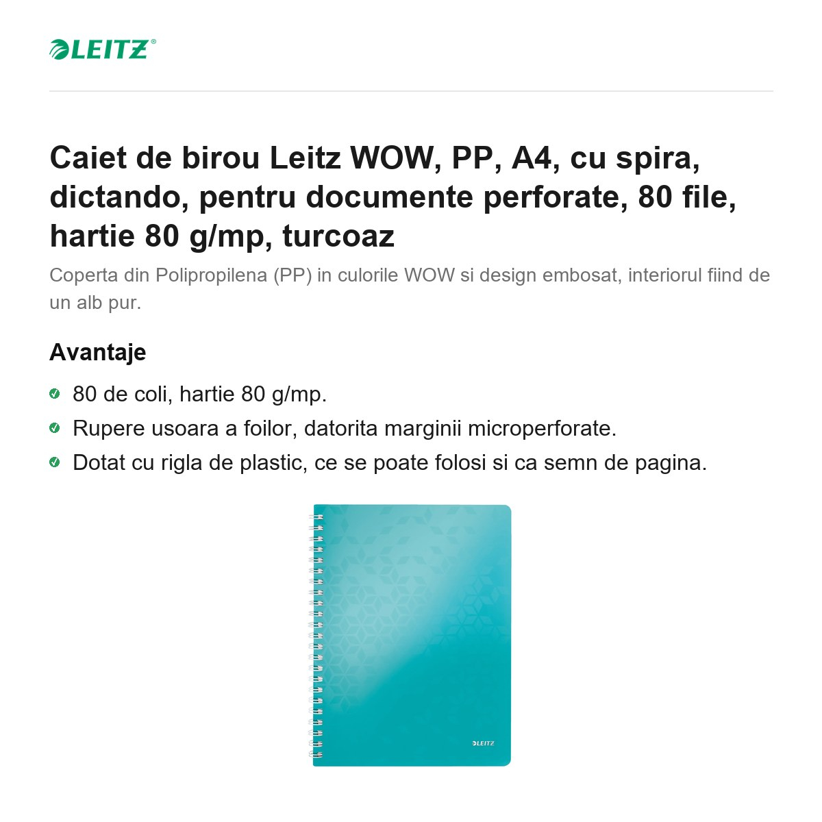 Caiet de birou Leitz WOW, PP, A4, cu spira, dictando, pentru documente perforate, 80 file, hartie 80 g/mp, turcoaz [2]