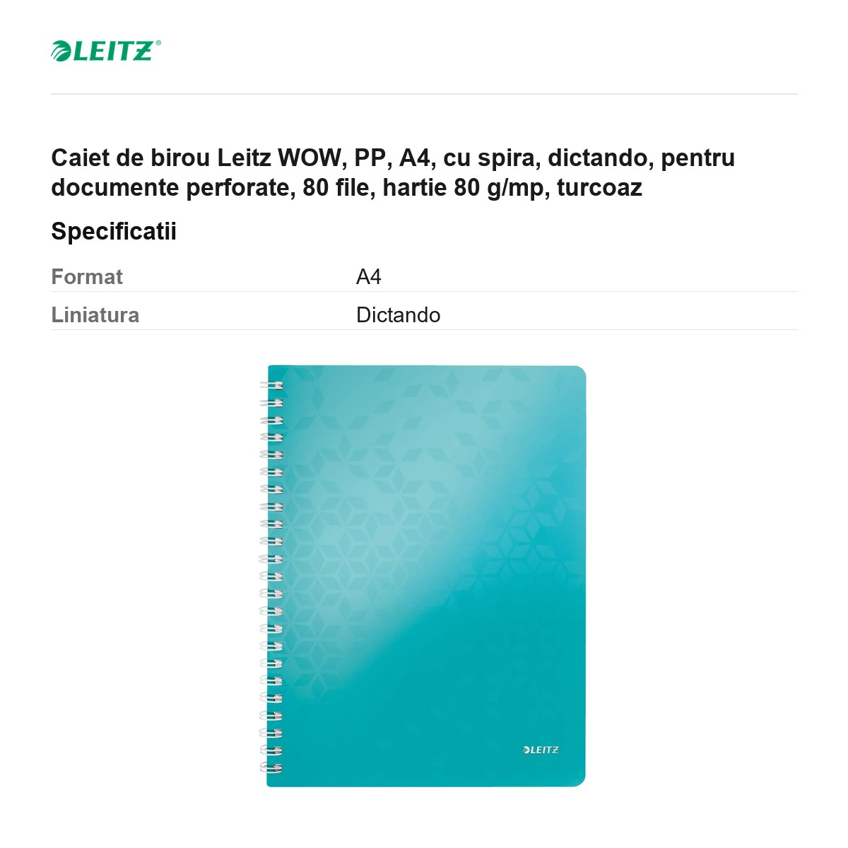 Caiet de birou Leitz WOW, PP, A4, cu spira, dictando, pentru documente perforate, 80 file, hartie 80 g/mp, turcoaz [3]