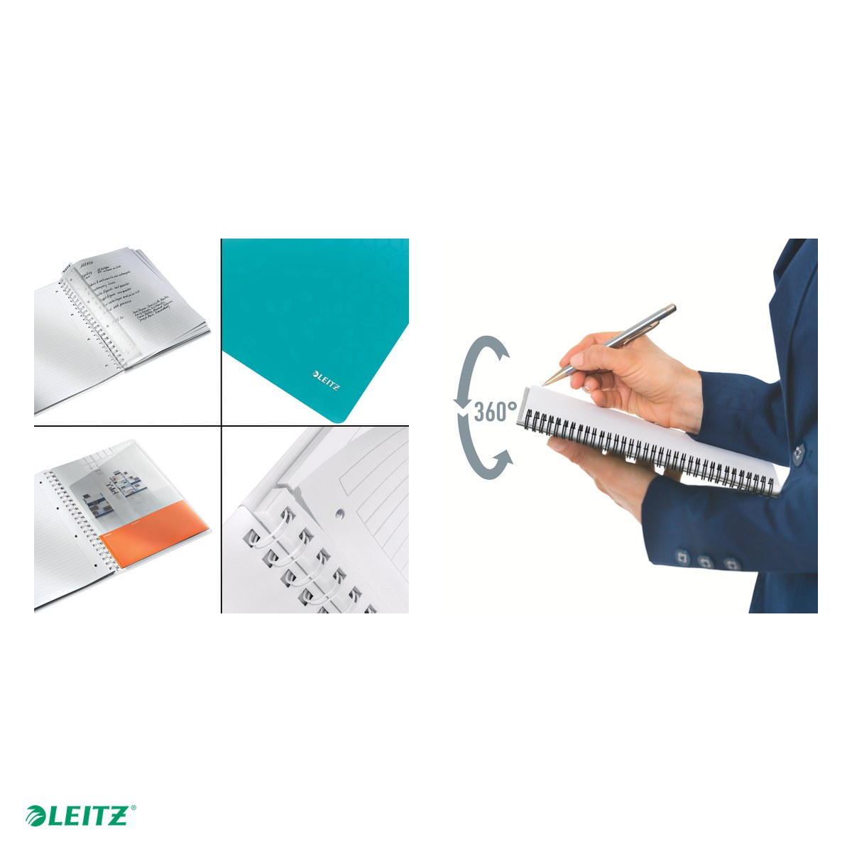 Caiet de birou Leitz WOW, PP, A4, cu spira, dictando, pentru documente perforate, 80 file, hartie 80 g/mp, turcoaz [5]