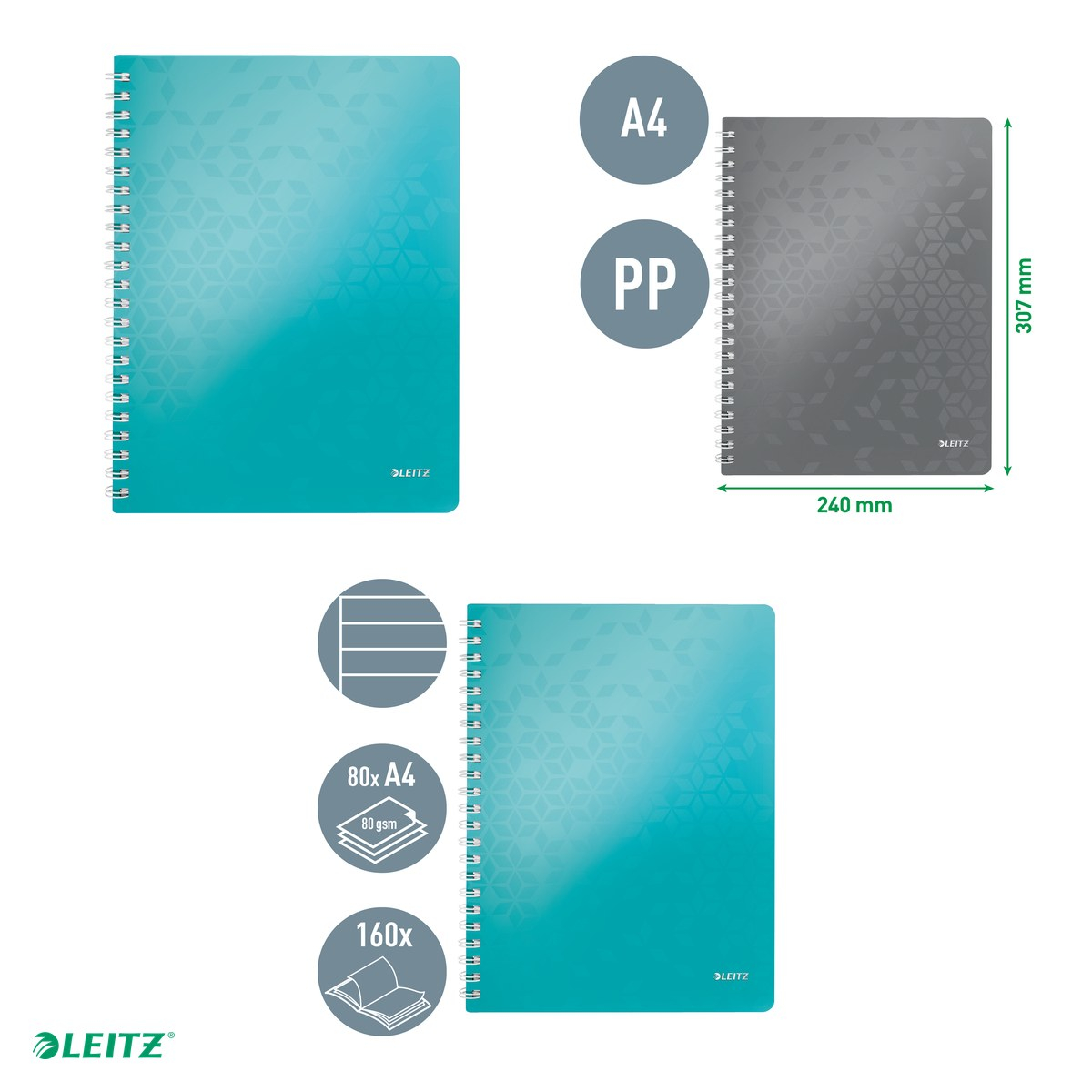 Caiet de birou Leitz WOW, PP, A4, cu spira, dictando, pentru documente perforate, 80 file, hartie 80 g/mp, turcoaz [4]