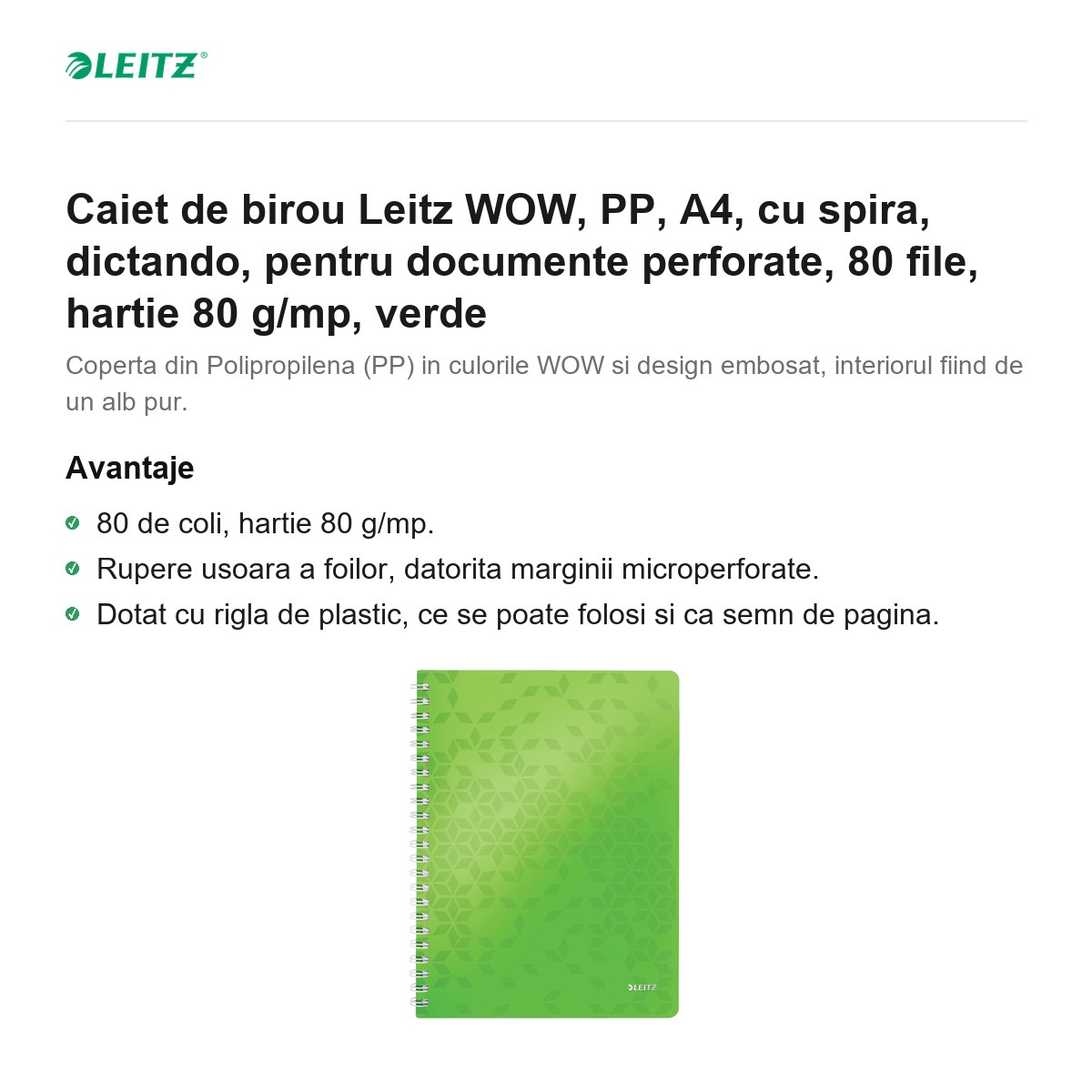 Caiet de birou Leitz WOW, PP, A4, cu spira, dictando, pentru documente perforate, 80 file, hartie 80 g/mp, verde [2]