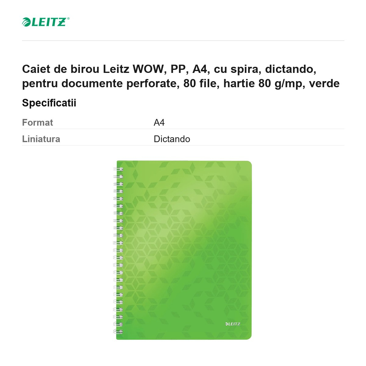 Caiet de birou Leitz WOW, PP, A4, cu spira, dictando, pentru documente perforate, 80 file, hartie 80 g/mp, verde [3]
