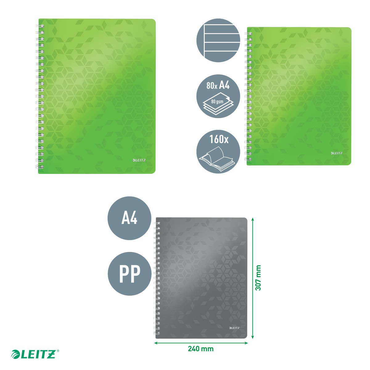 Caiet de birou Leitz WOW, PP, A4, cu spira, dictando, pentru documente perforate, 80 file, hartie 80 g/mp, verde [4]