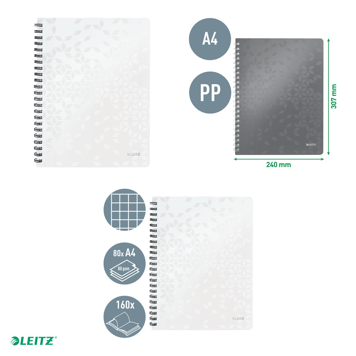 Caiet de birou Leitz WOW, PP, A4, cu spira, matematica, pentru documente perforate, 80 file, hartie 80 g/mp, alb [4]