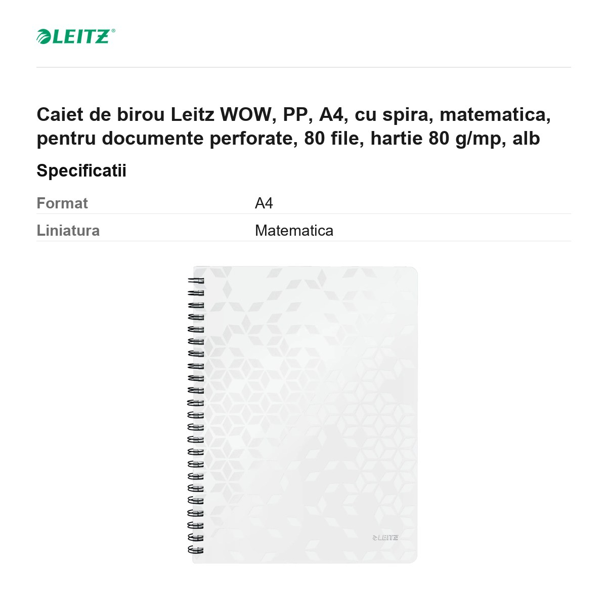 Caiet de birou Leitz WOW, PP, A4, cu spira, matematica, pentru documente perforate, 80 file, hartie 80 g/mp, alb [3]