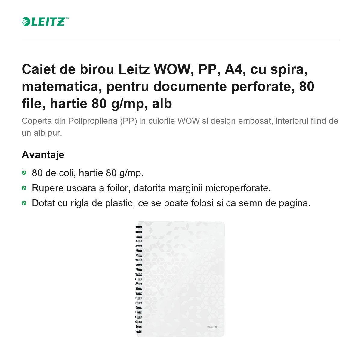 Caiet de birou Leitz WOW, PP, A4, cu spira, matematica, pentru documente perforate, 80 file, hartie 80 g/mp, alb [2]