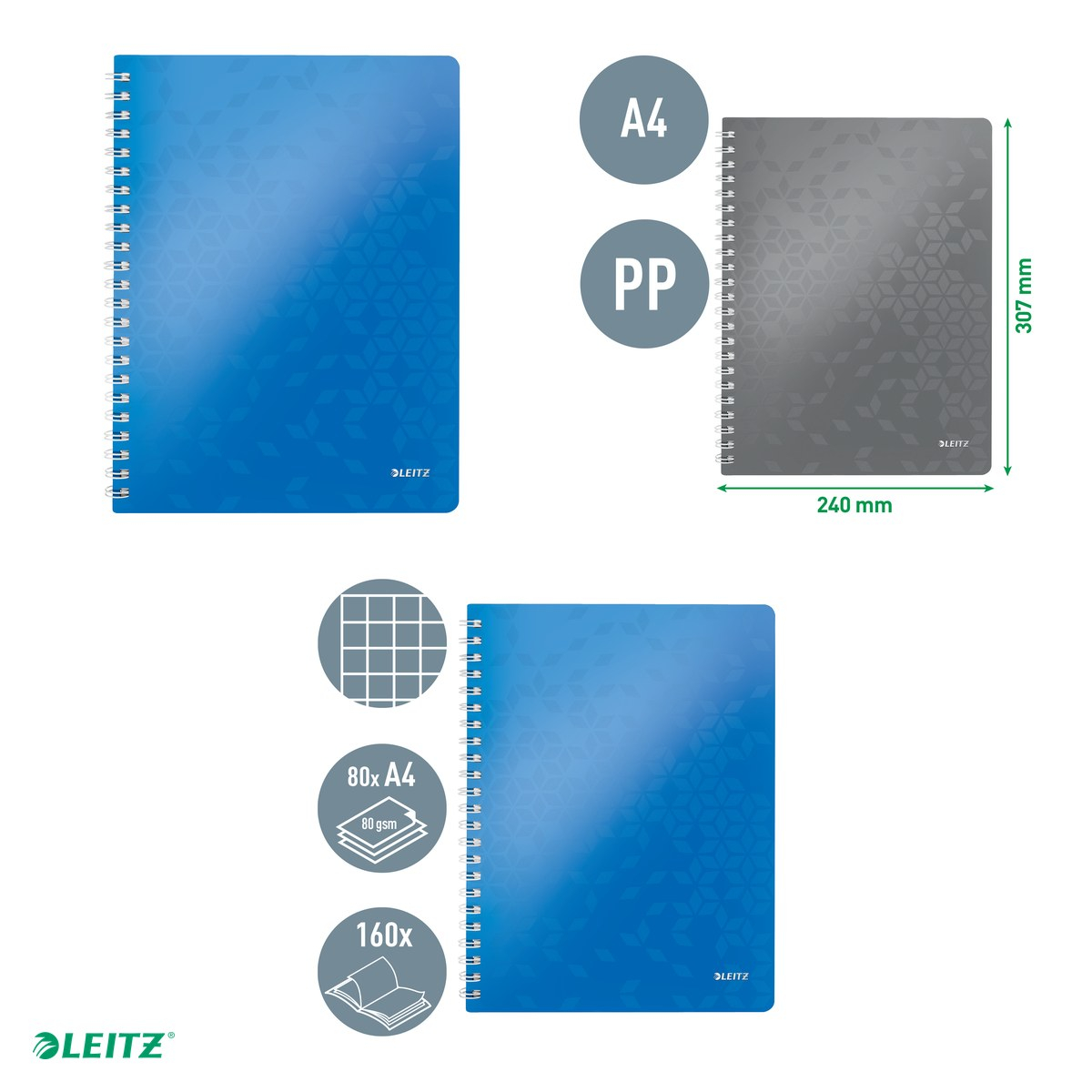 Caiet de birou Leitz WOW, PP, A4, cu spira, matematica, pentru documente perforate, 80 file, hartie 80 g/mp, albastru [4]