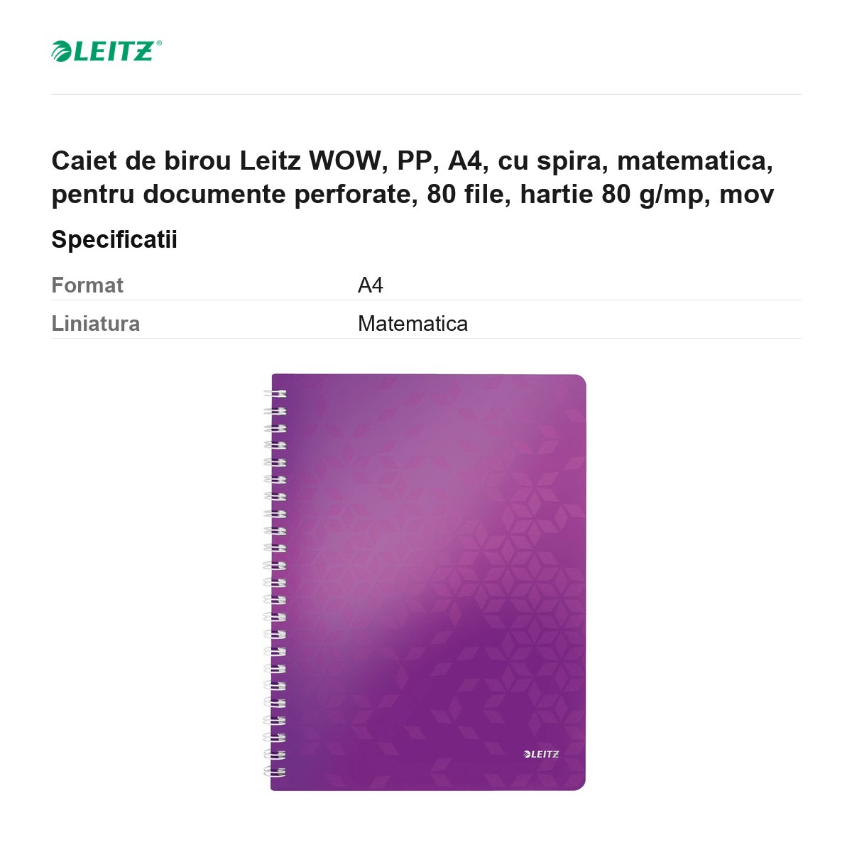 Caiet de birou Leitz WOW, PP, A4, cu spira, matematica, pentru documente perforate, 80 file, hartie 80 g/mp, mov [3]