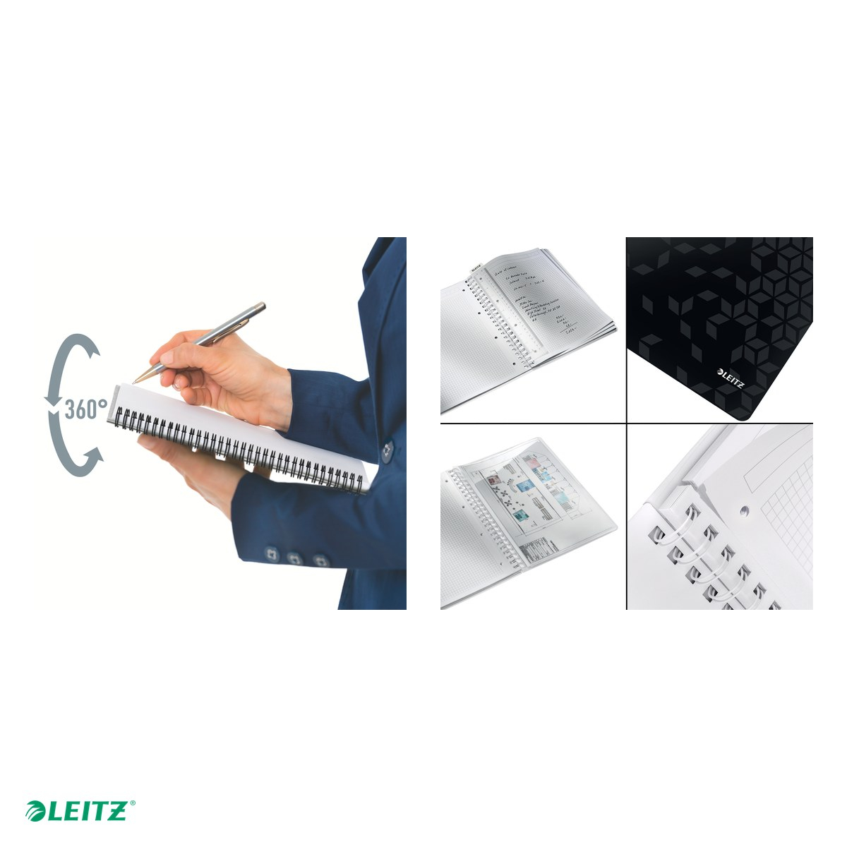 Caiet de birou Leitz WOW, PP, A4, cu spira, matematica, pentru documente perforate, 80 file, hartie 80 g/mp, negru [5]