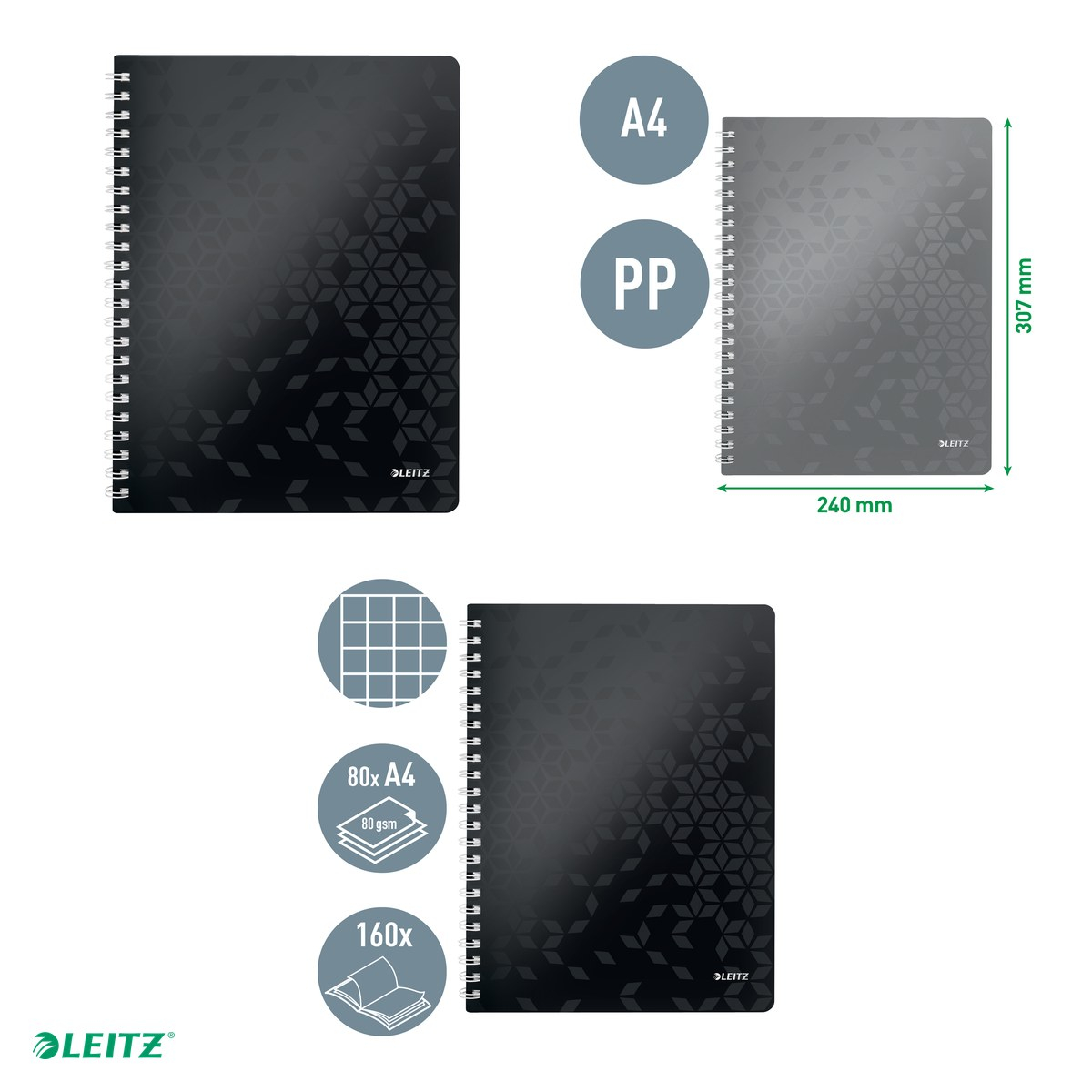 Caiet de birou Leitz WOW, PP, A4, cu spira, matematica, pentru documente perforate, 80 file, hartie 80 g/mp, negru [4]