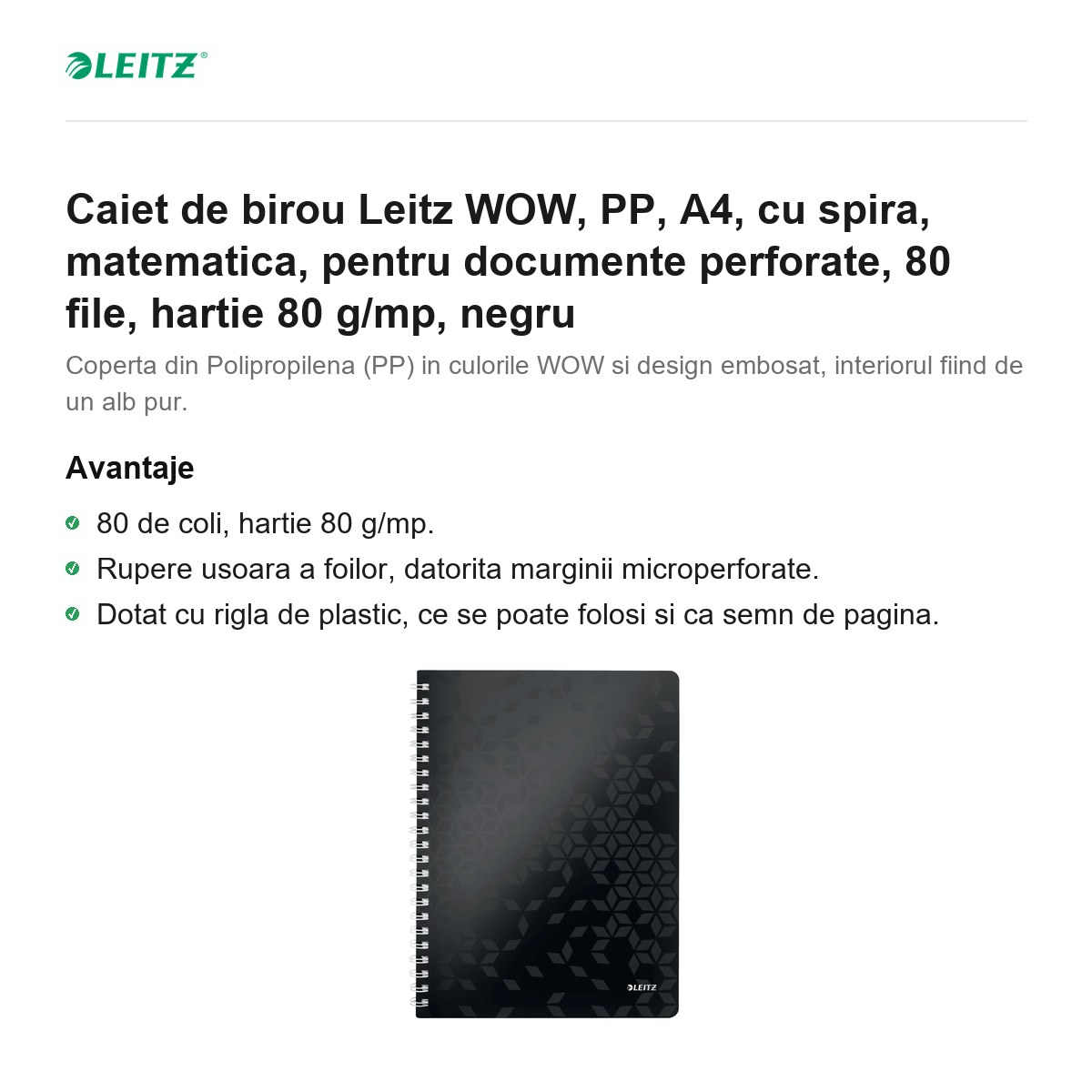Caiet de birou Leitz WOW, PP, A4, cu spira, matematica, pentru documente perforate, 80 file, hartie 80 g/mp, negru [2]