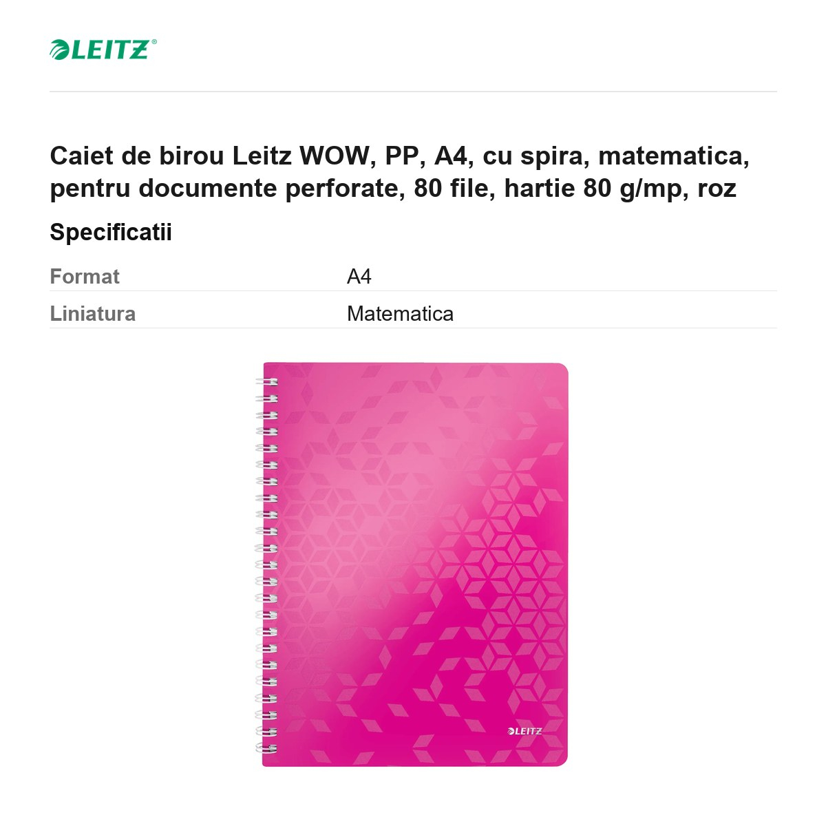 Caiet de birou Leitz WOW, PP, A4, cu spira, matematica, pentru documente perforate, 80 file, hartie 80 g/mp, roz [3]