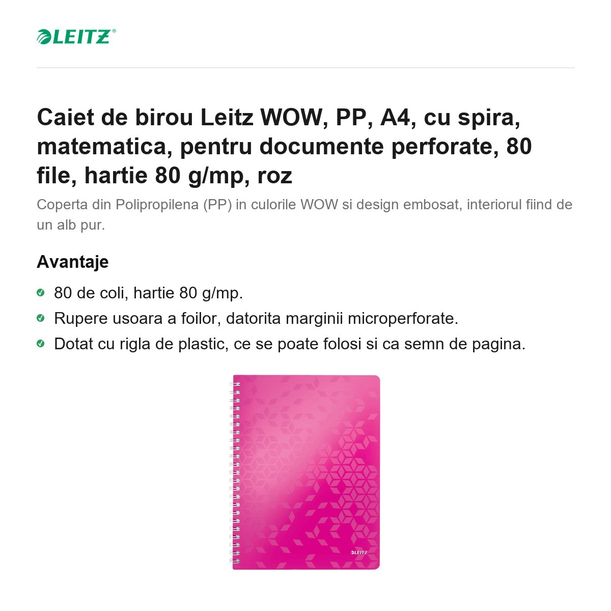 Caiet de birou Leitz WOW, PP, A4, cu spira, matematica, pentru documente perforate, 80 file, hartie 80 g/mp, roz [2]
