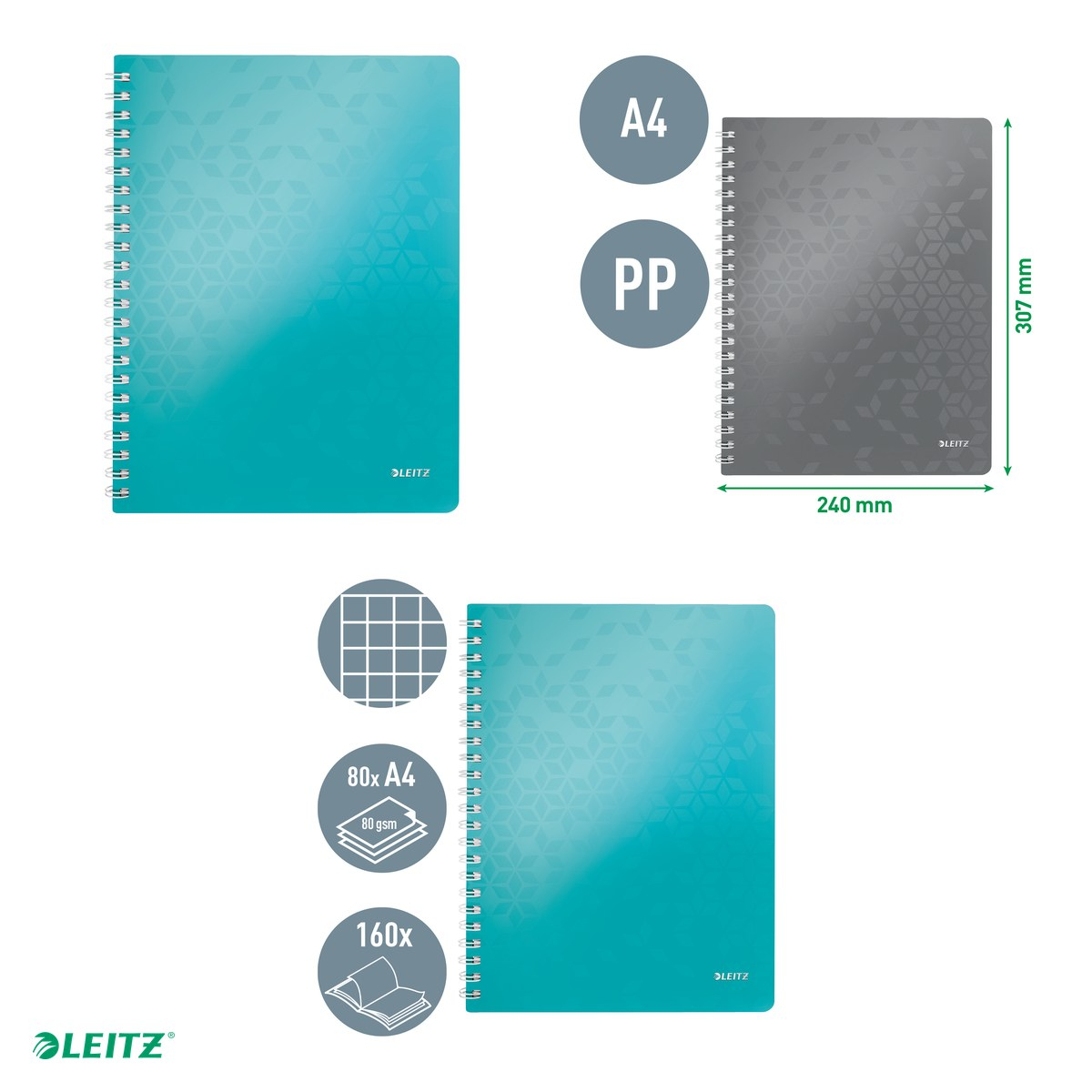 Caiet de birou Leitz WOW, PP, A4, cu spira, matematica, pentru documente perforate, 80 file, hartie 80 g/mp, turcoaz [4]