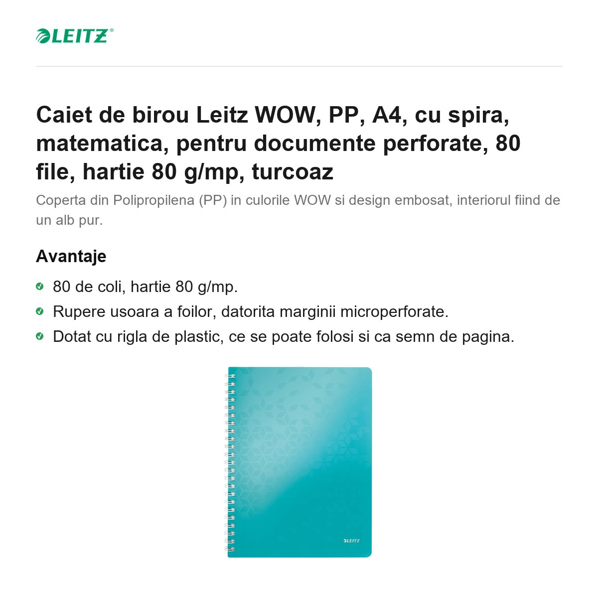 Caiet de birou Leitz WOW, PP, A4, cu spira, matematica, pentru documente perforate, 80 file, hartie 80 g/mp, turcoaz [2]