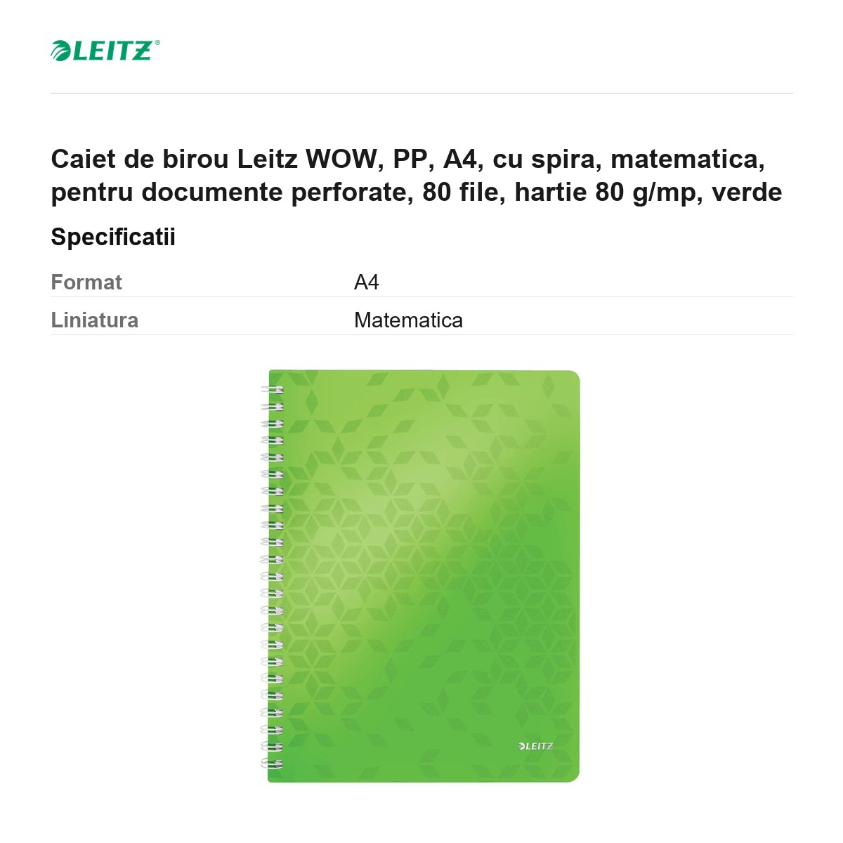 Caiet de birou Leitz WOW, PP, A4, cu spira, matematica, pentru documente perforate, 80 file, hartie 80 g/mp, verde [3]