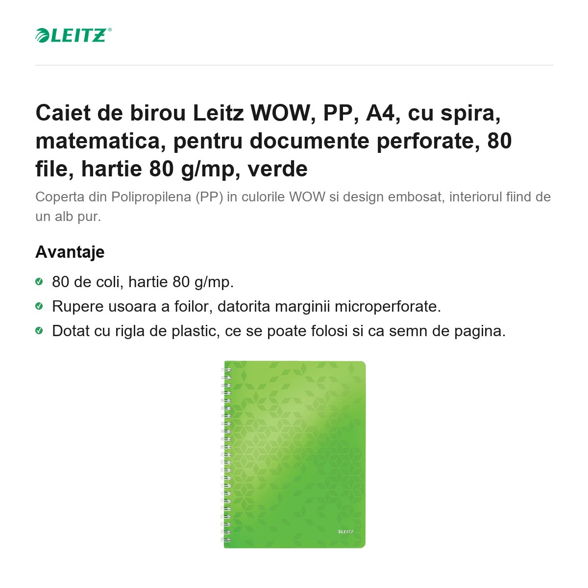 Caiet de birou Leitz WOW, PP, A4, cu spira, matematica, pentru documente perforate, 80 file, hartie 80 g/mp, verde [2]