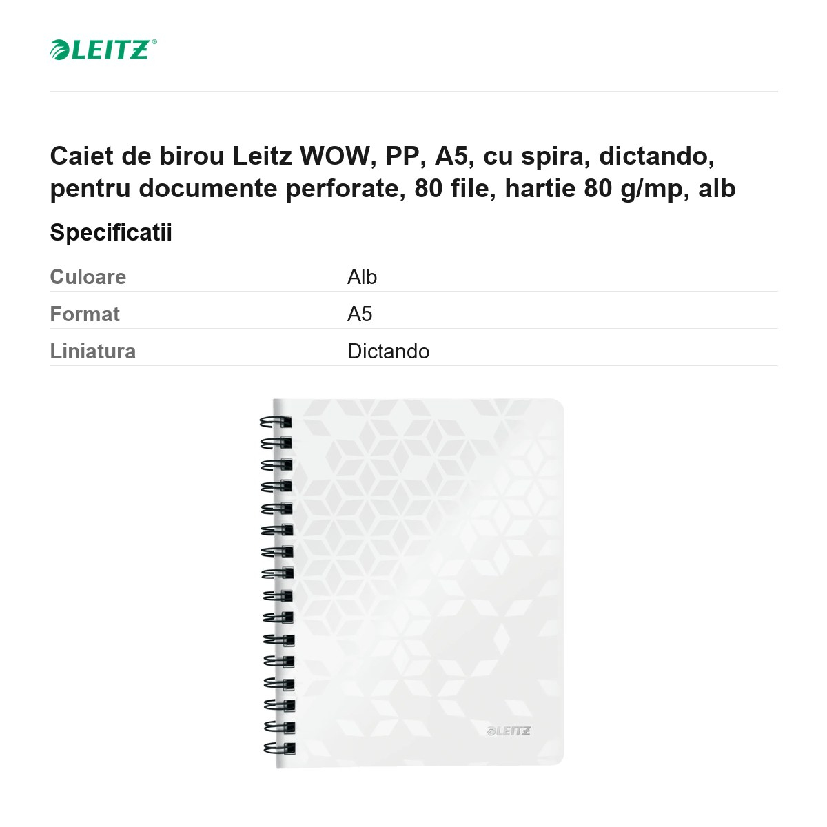 Caiet de birou Leitz WOW, PP, A5, cu spira, dictando, pentru documente perforate, 80 file, hartie 80 g/mp, alb [3]