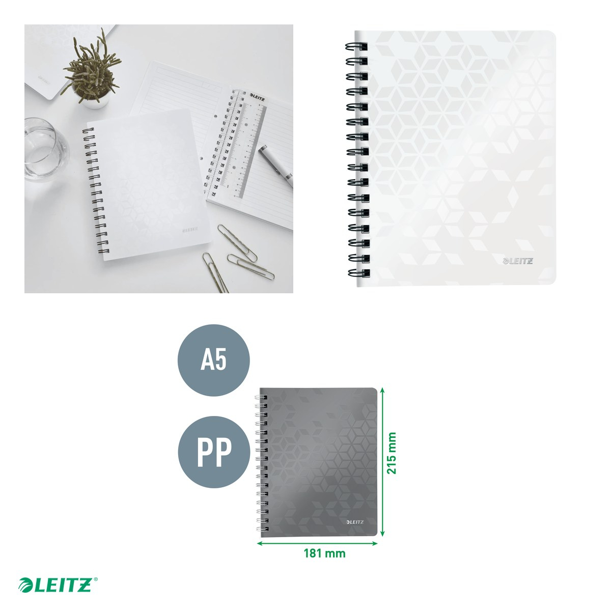 Caiet de birou Leitz WOW, PP, A5, cu spira, dictando, pentru documente perforate, 80 file, hartie 80 g/mp, alb [4]
