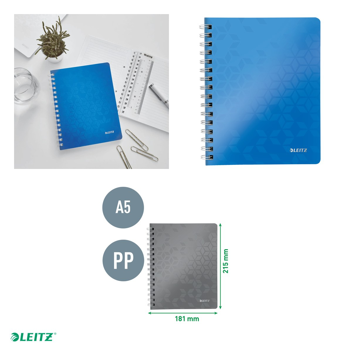 Caiet de birou Leitz WOW, PP, A5, cu spira, dictando, pentru documente perforate, 80 file, hartie 80 g/mp, albastru [4]