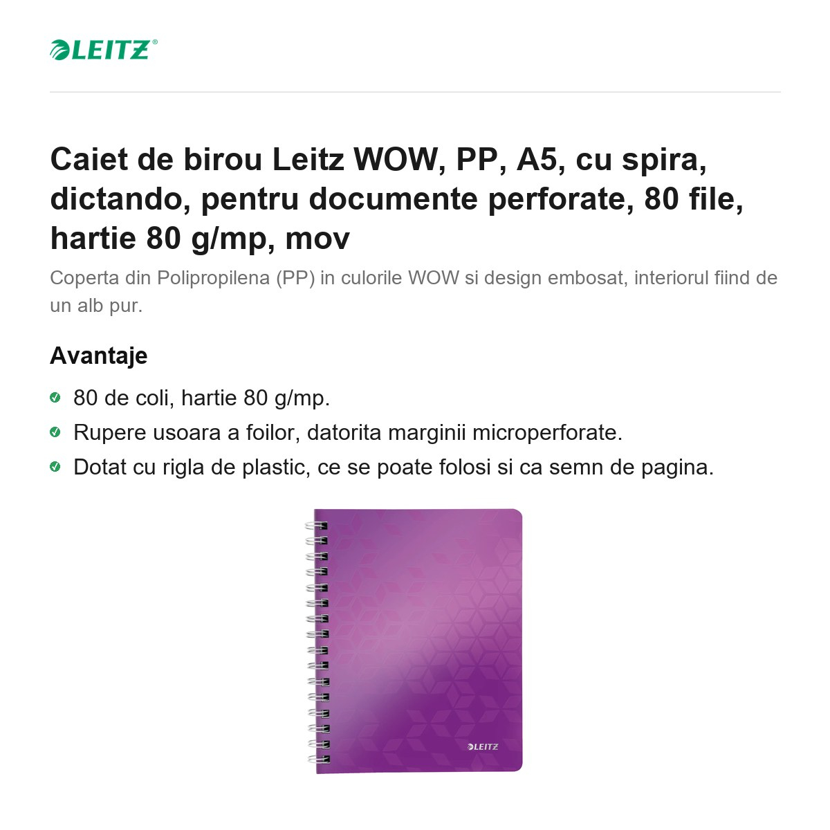 Caiet de birou Leitz WOW, PP, A5, cu spira, dictando, pentru documente perforate, 80 file, hartie 80 g/mp, mov [2]