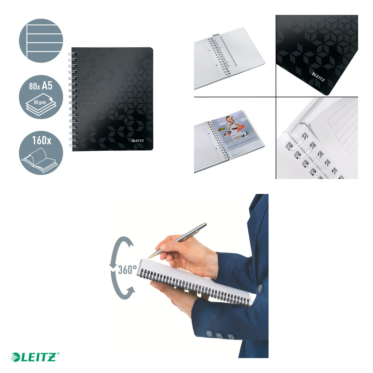 Caiet de birou Leitz WOW, PP, A5, cu spira, dictando, pentru documente perforate, 80 file, hartie 80 g/mp, negru [5]
