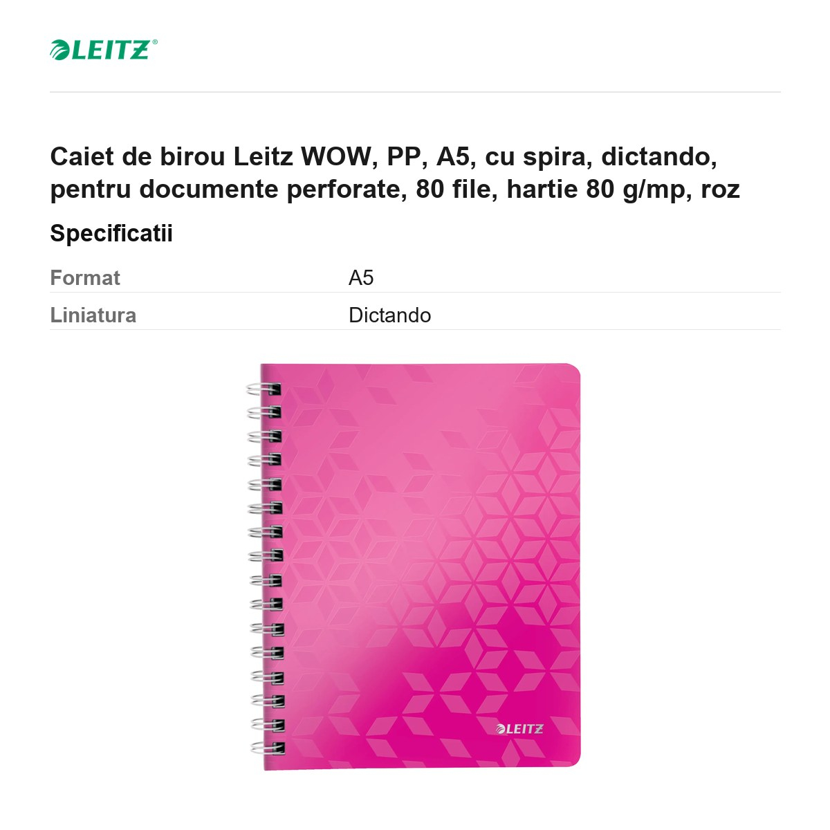 Caiet de birou Leitz WOW, PP, A5, cu spira, dictando, pentru documente perforate, 80 file, hartie 80 g/mp, roz [3]