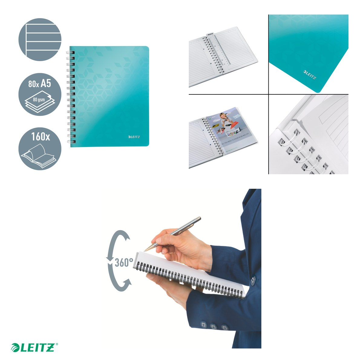 Caiet de birou Leitz WOW, PP, A5, cu spira, dictando, pentru documente perforate, 80 file, hartie 80 g/mp, turcoaz [5]