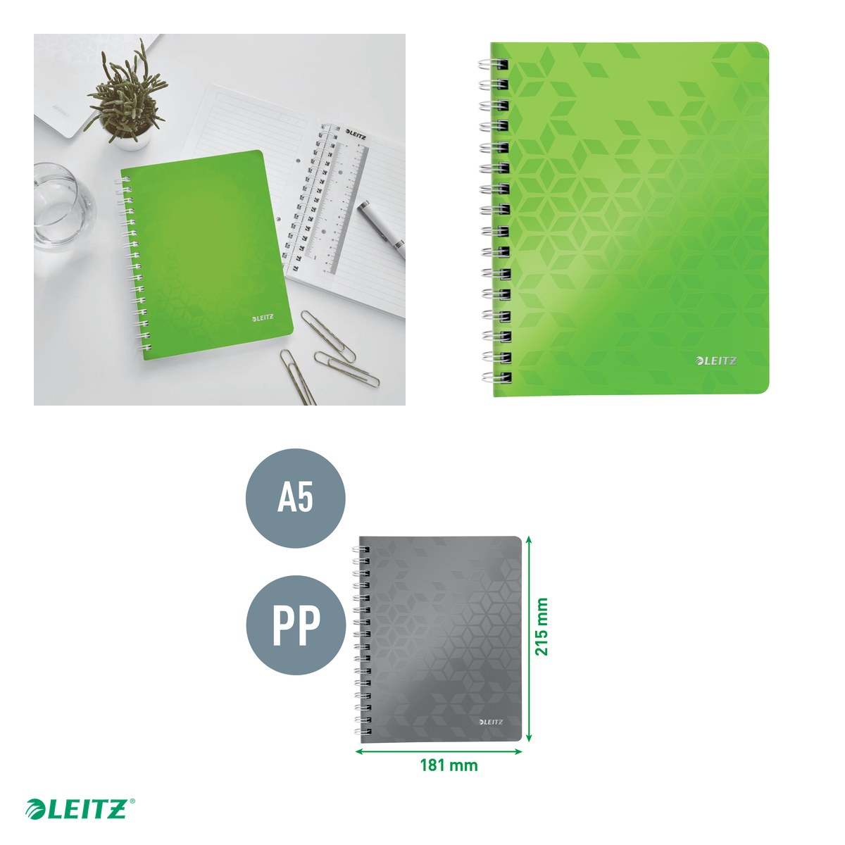 Caiet de birou Leitz WOW, PP, A5, cu spira, dictando, pentru documente perforate, 80 file, hartie 80 g/mp, verde [4]