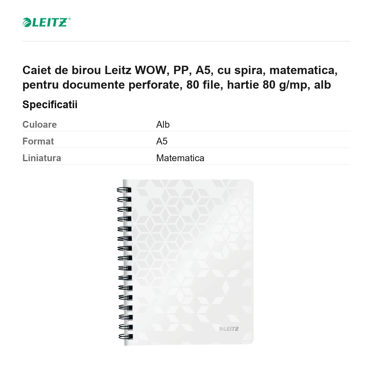 Caiet de birou Leitz WOW, PP, A5, cu spira, matematica, pentru documente perforate, 80 file, hartie 80 g/mp, alb [3]